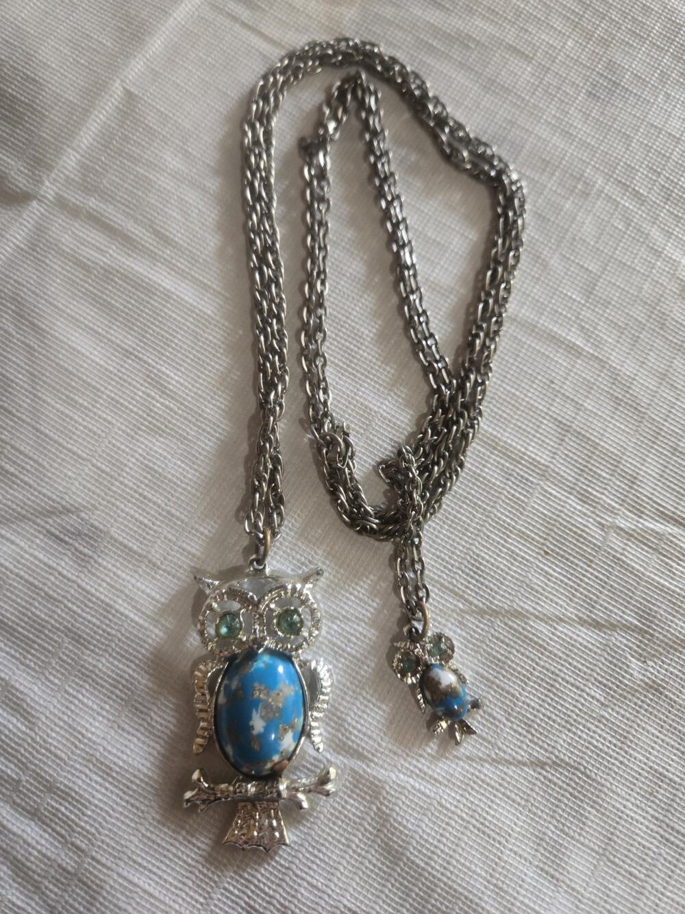Vintage Owl Pendant Necklace With Turquoise & Green Gemstones Double Chain Desig